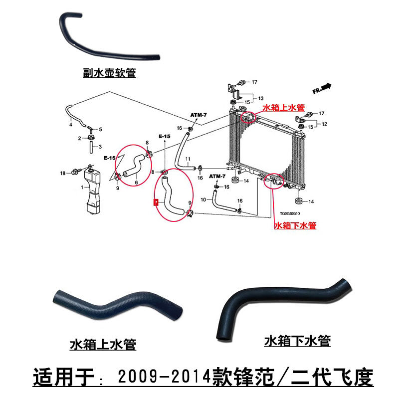 适配09-14款锋范经典2代飞度水箱散热网上下水管软管副水壶回水管