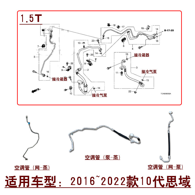 适用16~22款10代思域1.5T空调冷凝器散热网压塑机高压管低压软管