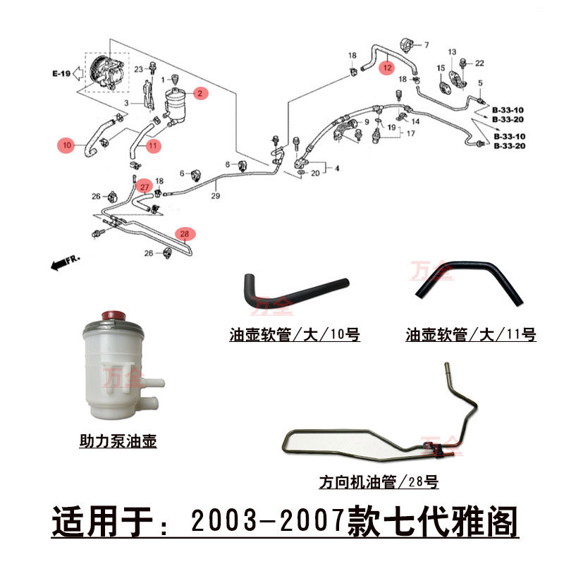 适用于03~07款七代雅阁方向机回油管助力转向泵油壶进油软管铁管