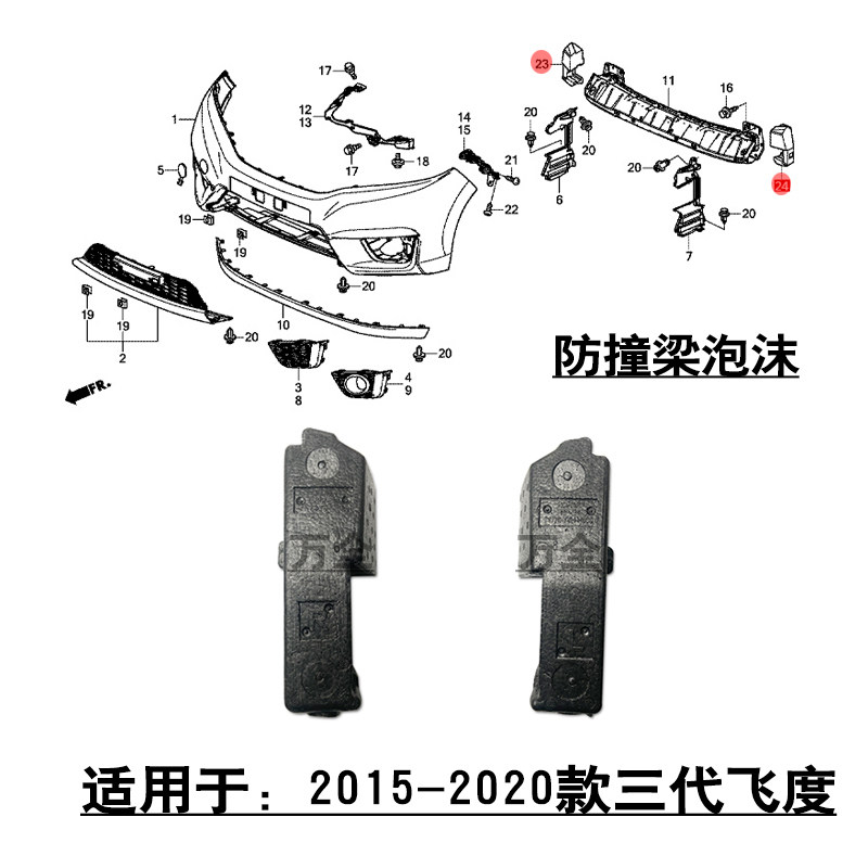 适配15~20款3代飞度前保险杠防撞梁内护杠骨架侧泡沫缓冲海绵