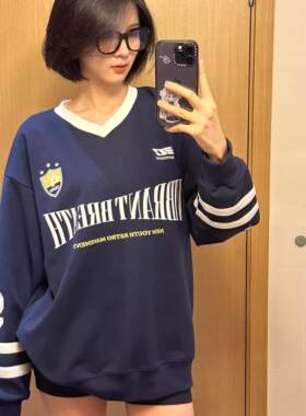 美式复古v领球服卫衣春秋款