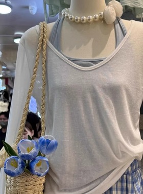 薄款新款小众白色防晒针织开衫小个子挂脖背心上衣罩衫女装两件套