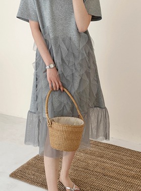 灰色短袖连衣裙2025夏季新款圆领设计感女装时尚网纱拼接t恤裙子