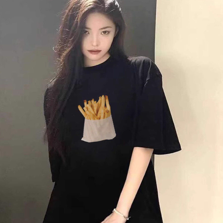 2025新款重磅纯棉薯条印花vintage短袖T恤女夏季设计感美式上衣潮