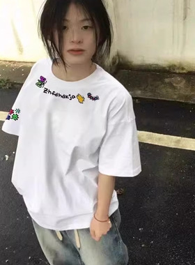 潮牌白色短袖t恤女夏季2025新款爆款宽松美式复古设计感半袖上衣
