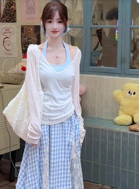 纯欲风甜辣妹白色v领薄款长袖防晒罩衫t恤女夏季叠穿挂脖吊带上衣