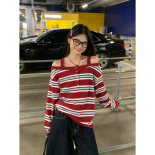 上衣 别致绝美高级感露肩长袖 MIU系自然派条纹一字肩t恤女秋季 新款