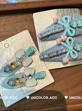 蓝色的风~小众水钻醋酸蝴蝶结无痕发夹ins甜美蕾丝爱心刘海边夹