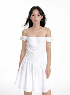 Life naive小白裙初恋显瘦超火一字肩法式气质女夏收腰连衣