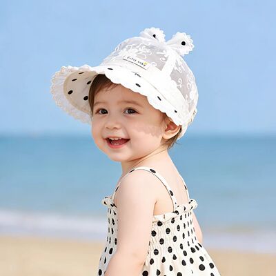 宝宝帽子夏季薄款大帽檐网纱波点盆帽透气婴儿遮阳防晒帽可调节