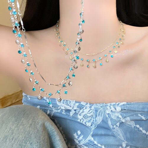 蓝色锆石贝壳项链百搭锁骨链