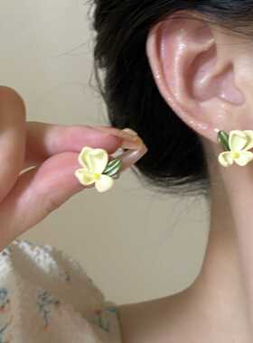 「栀子花开」可爱奶黄色甜美气质韩系小众设计感耳环耳饰无耳洞女