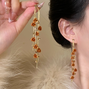 「玫瑰赞礼」金色长款流苏耳环女气质轻奢复古耳饰无耳洞耳夹女