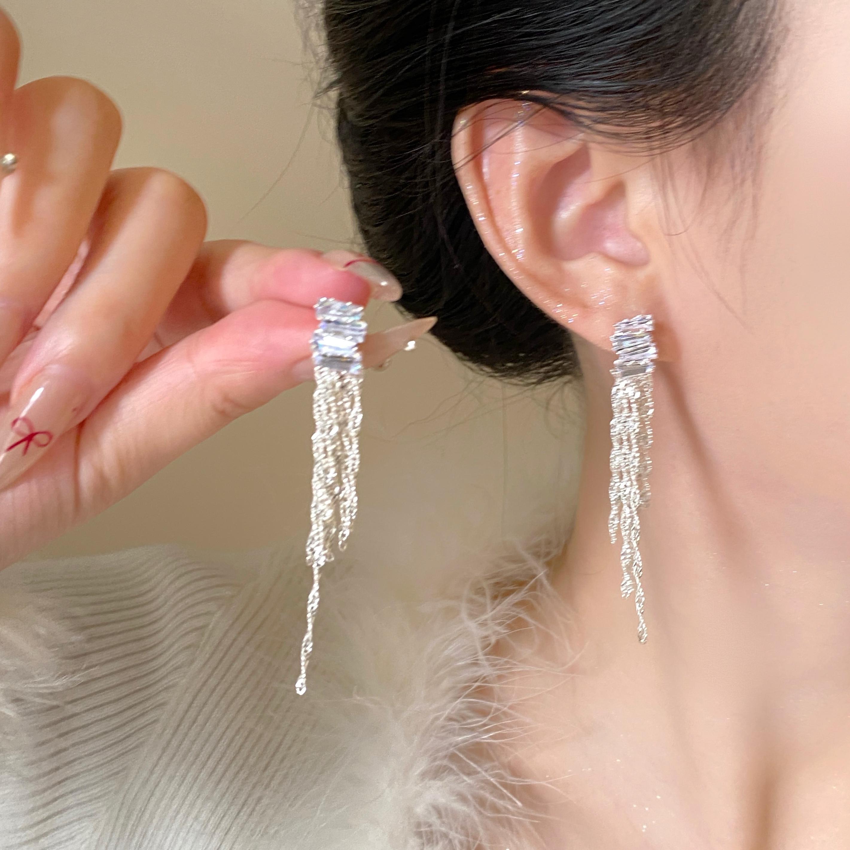 轻奢风满钻流苏耳环无耳洞耳夹女