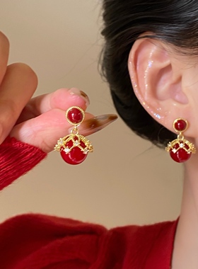 「白雪公主」轻奢蝴蝶结珍珠耳环女红色水钻耳坠高级感气质耳饰
