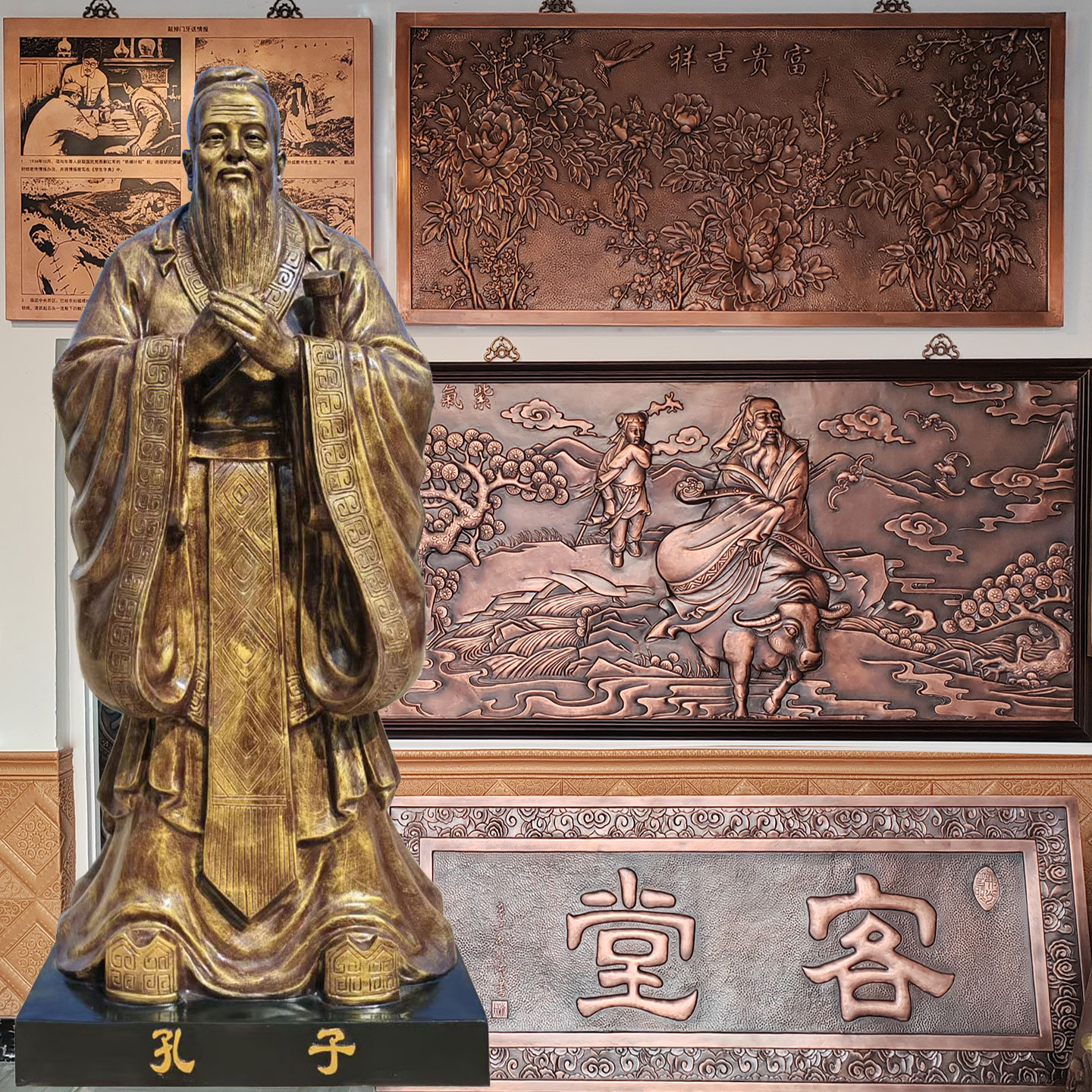 大型人物浮雕定制厂家孔子锻铜雕塑订做玻璃钢砂岩景区文化背景墙