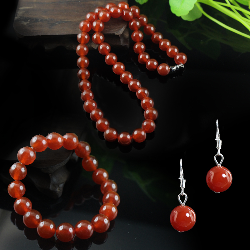 天然红玛瑙项链手珠耳坠套装玉石礼品 高档礼物包邮玉链子连手串
