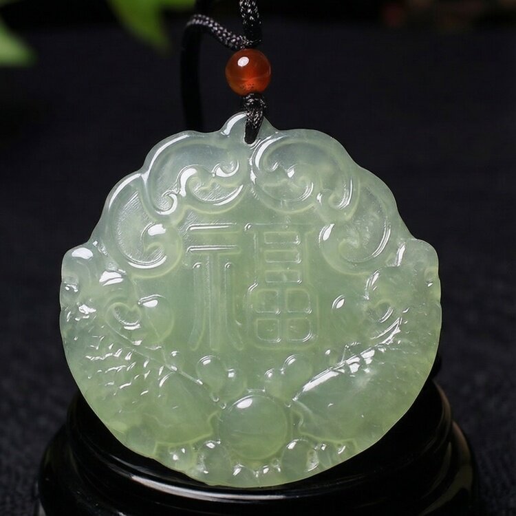 天然冰种岫玉双鱼玉佩福字玉吊坠