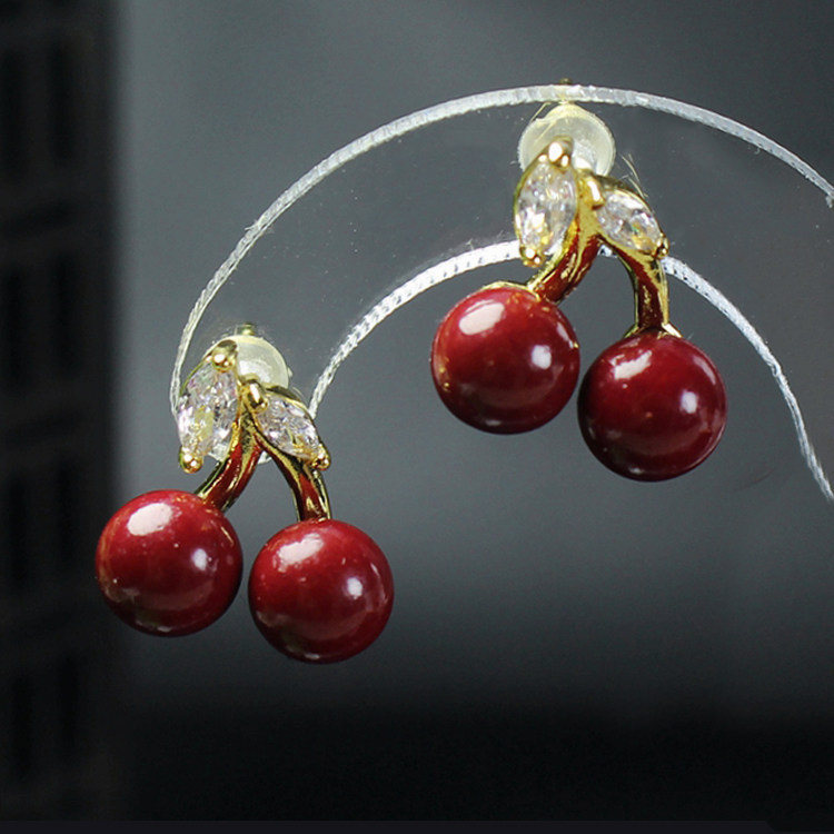 朱砂耳饰耳钉紫金砂樱桃耳钉金丝本命年红色耳坠气质耳环紫朱砂