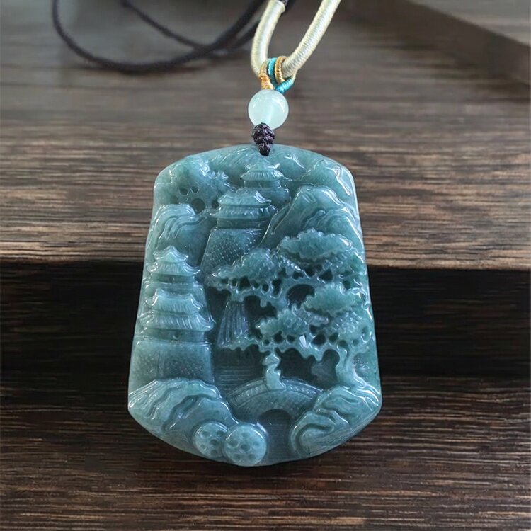 天然翡翠A货油青山水风景玉挂件