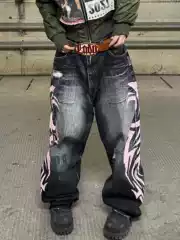 Jaded-Like Distressed Washed Side Print Baggy Street Jeans with Raw Hem Wide Leg