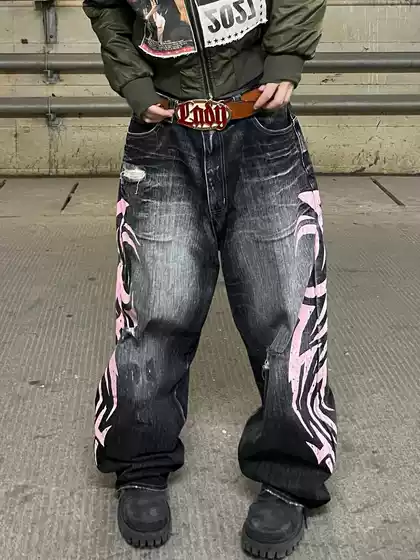 Jaded-Like Distressed Washed Side Print Baggy Street Jeans with Raw Hem Wide Leg