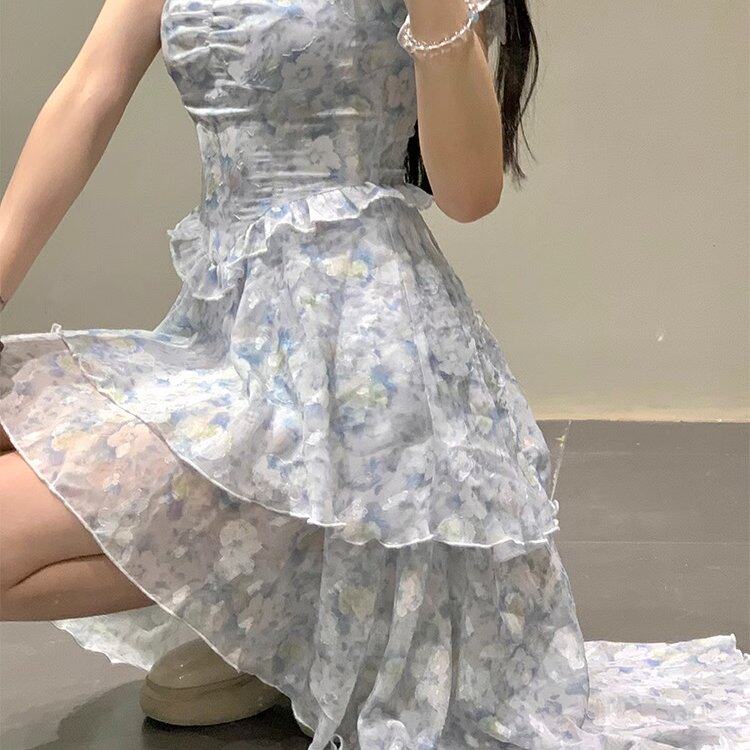 蓝色不规则设计感纯欲连衣裙小个子前短后长修身显瘦超仙碎花长裙