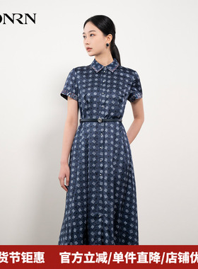 HONRN/红人蓝色长裙子小众设计感收腰印花连衣裙女夏季HH22OL711