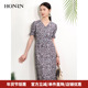 HONRN 红人v领桑蚕丝真丝棉收腰显瘦a字裙子连衣裙女夏HI22OL133