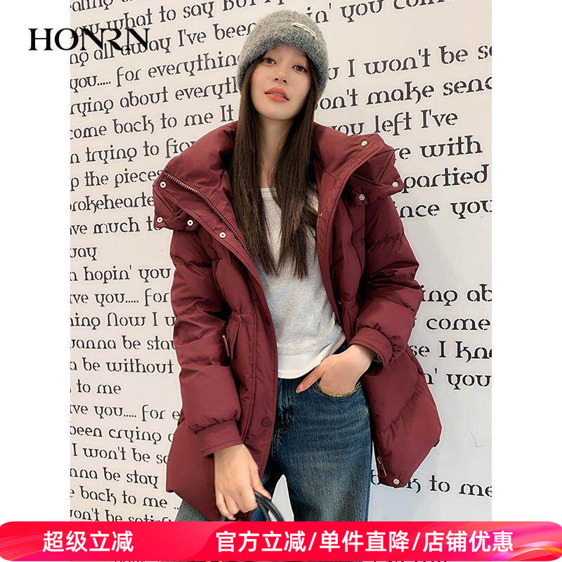 HONRN/红人轻薄立领连帽鸭绒羽绒服外套女中长款冬季HJ59YR152