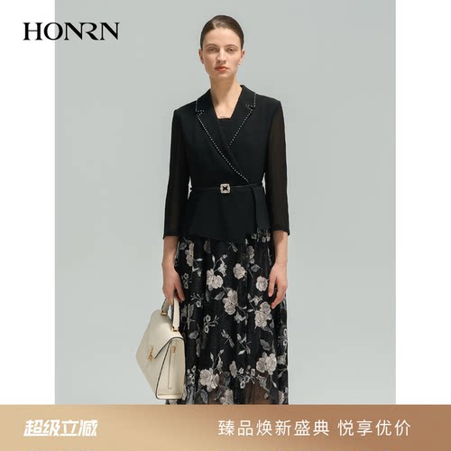 红人黑色西装拼接假两件连衣裙