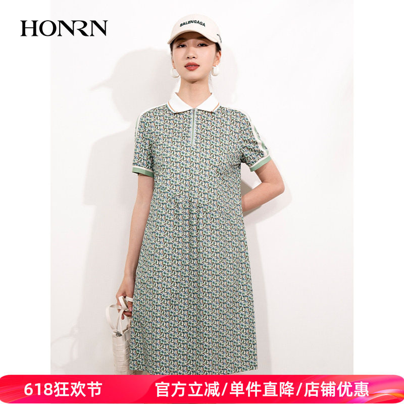 HONRN/红人绿色印花短袖遮肉显瘦纯棉裙子连衣裙女夏HI22OL426