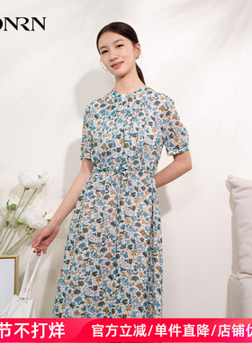 HONRN/红人薄款系带收腰印花短袖桑蚕丝真丝连衣裙女夏HI22OL498
