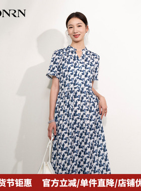 HONRN/红人蓝色薄款v领短袖收腰显瘦a字裙子连衣裙女夏HI22OL497