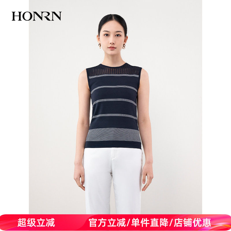 HONRN/红人条纹拼接蕾丝镂空薄款内搭针织衫上衣女夏HH22OM103
