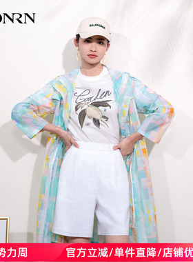 HONRN/红人休闲宽松薄款连帽抽绳收腰风衣外套女款夏HI22OS381