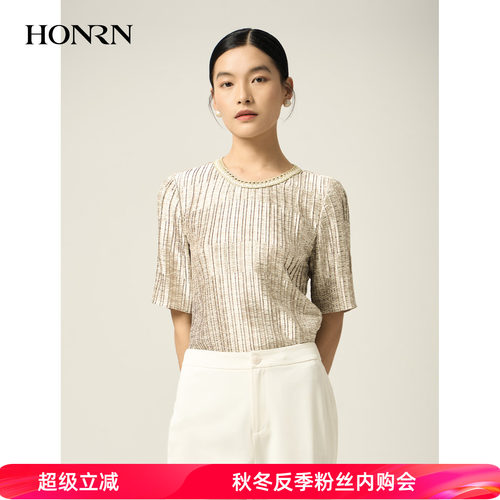HONRN/红人印花压褶短袖衬衫上衣