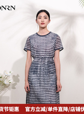 HONRN/红人桑蚕丝真丝棉系带收腰显瘦圆领a字连衣裙女夏HI22OL729