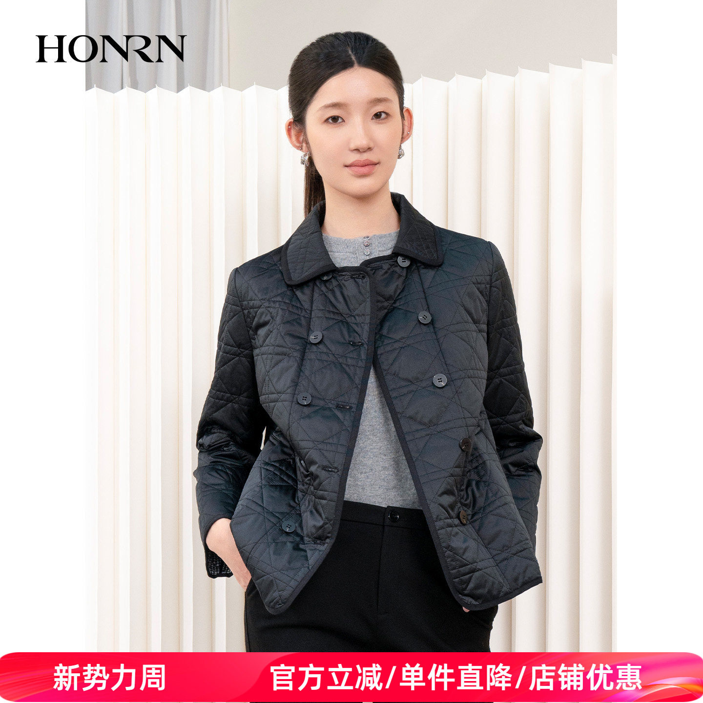 HONRN/红人休闲修身显瘦双排扣棉衣棉服外套女冬季短款HI55MA587