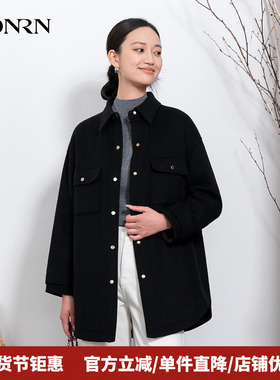 HONRN/红人黑色翻领山羊绒羊毛呢子大衣外套女秋冬款HI55OD042