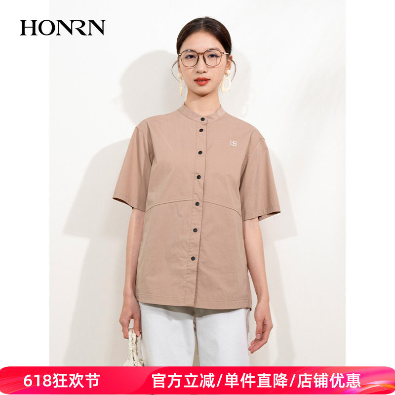HONRN/红人宽松显瘦休闲棉混纺短袖立领衬衫女上衣夏季HI22OC667
