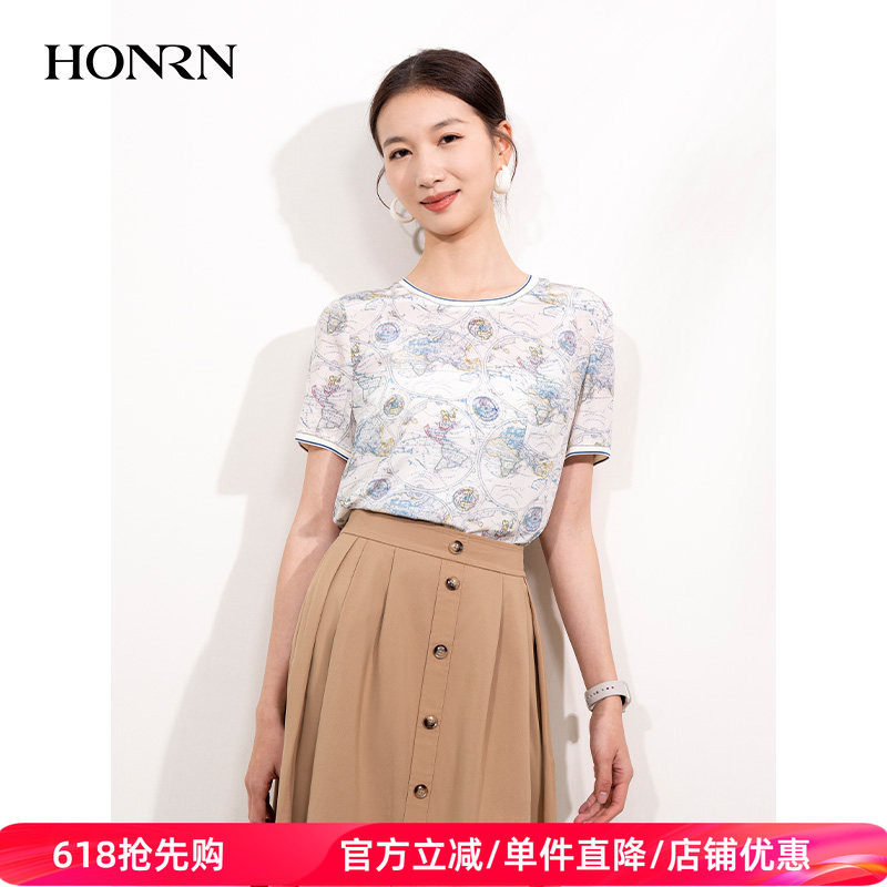 HONRN/红人薄款桑蚕丝真丝印花圆领短袖正肩女t恤上衣夏HI22SY499