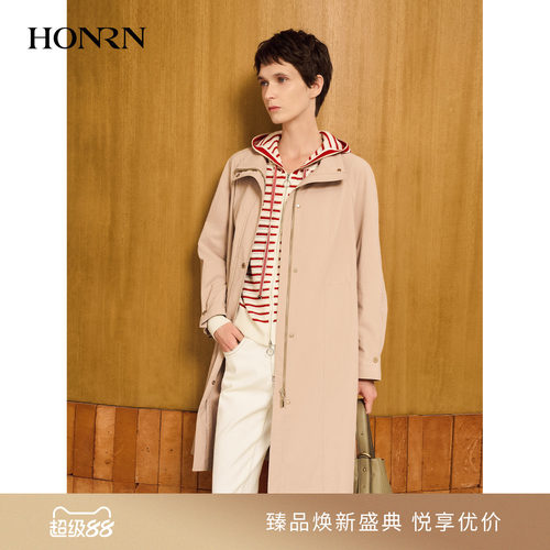 红人极简纯色立领中长风衣女春
