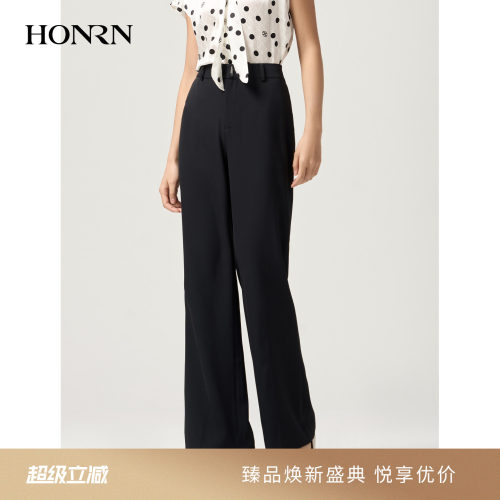 HONRN/红人黑色阔腿微喇西装长裤