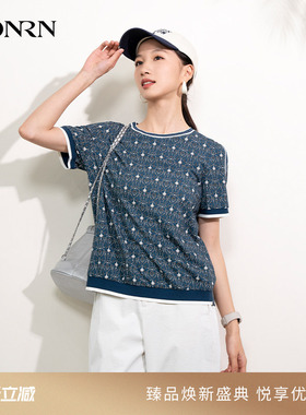 HONRN/红人休闲宽松薄款印花圆领短袖正肩女t恤上衣夏HI22SY337