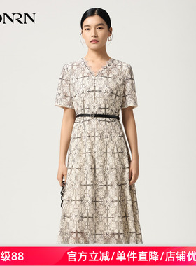 HONRN/红人夏季V领收腰A字蕾丝连衣裙通勤优雅气质显瘦HJ22OL059