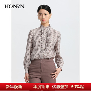 设计感正肩衬衫 长袖 女上衣HH33OC063 红人休闲气质立领修身 HONRN