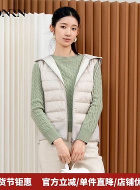 HONRN/红人轻薄连帽白鸭绒拼接棉羽绒服马甲冬季女短款HI55YR094