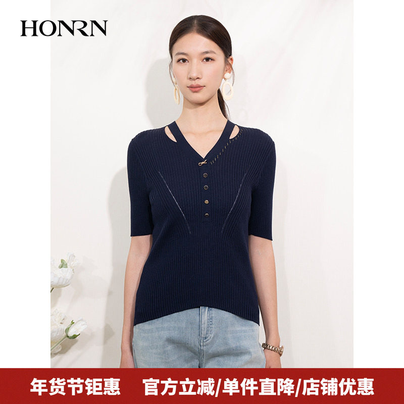 HONRN/红人修身v领开叉桑蚕丝棉套头薄款针织衫上衣女夏HI22OM109