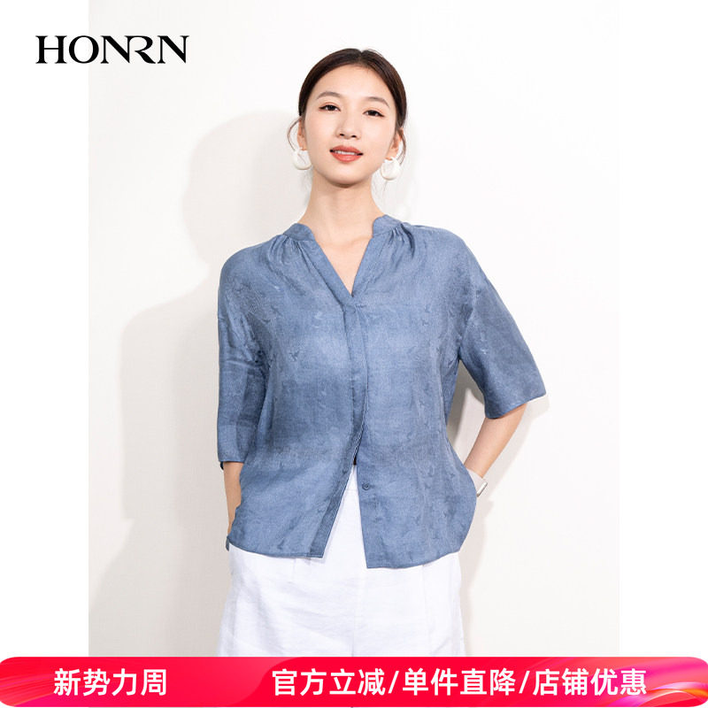 HONRN/红人宽松休闲蓝色桑蚕丝真丝亚麻立领衬衫女上衣HI22OC669